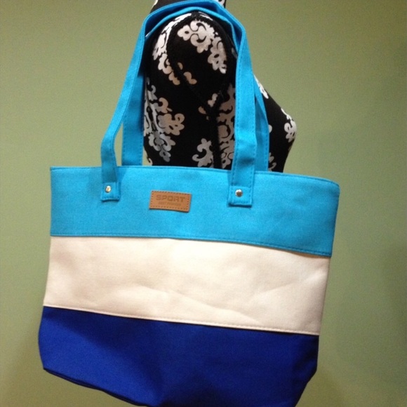 multi blue & white zip top tote - Picture 2 of 7
